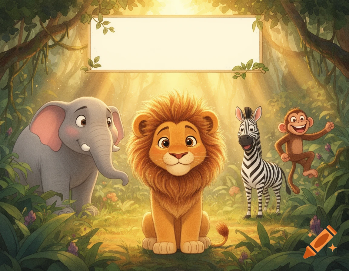 A cute lion sits in a magical jungle with an elephant, zebra, and monkey, bathed in warm golden sunlight, in a soft watercolor illustration.