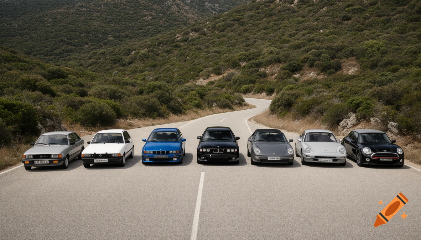 Seven classic cars of various models and colors parked in a line on a winding road through a mountainous, brush-covered landscape.