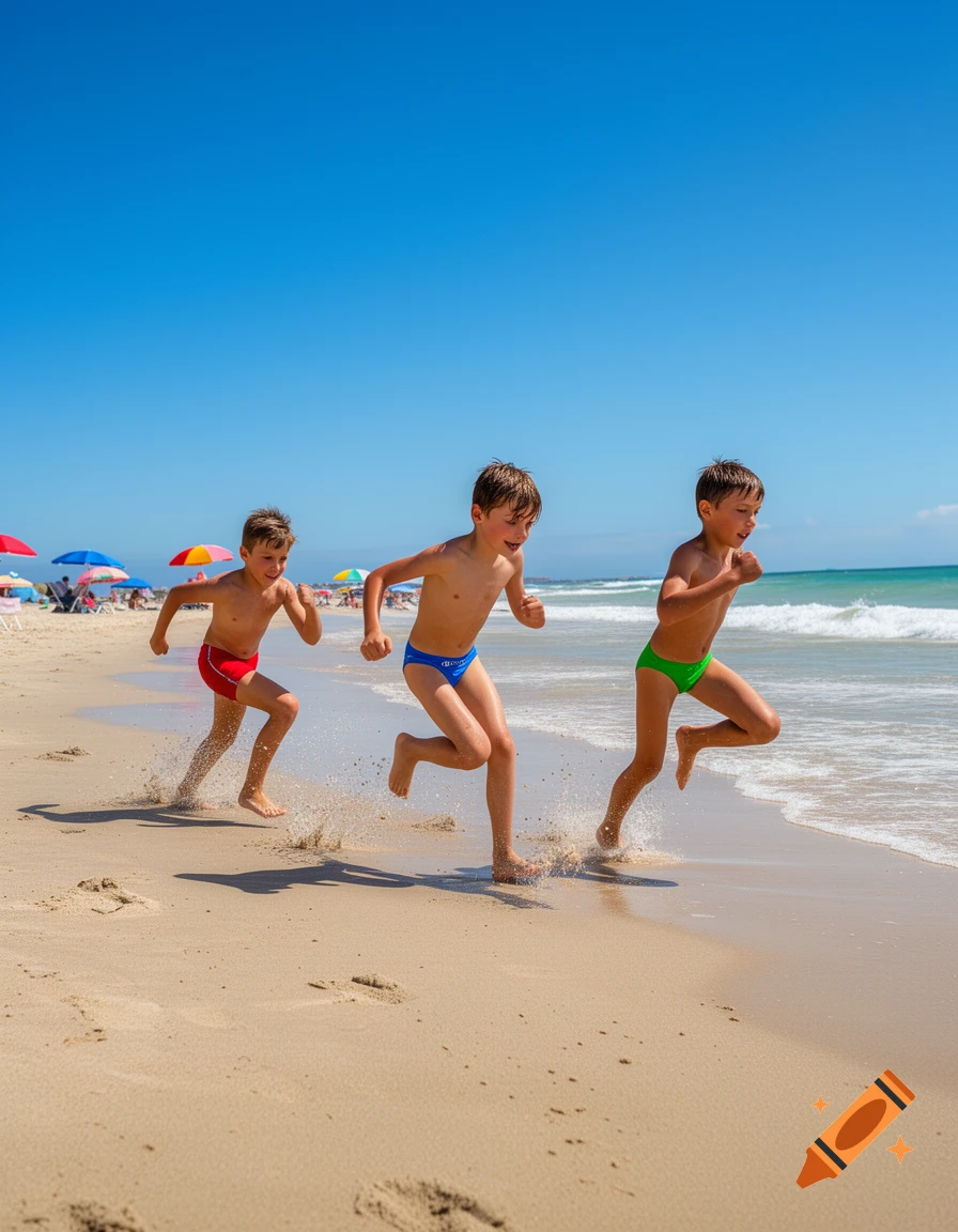 Three young boys run on a sunny beach, splashing in the shallow ocean water.