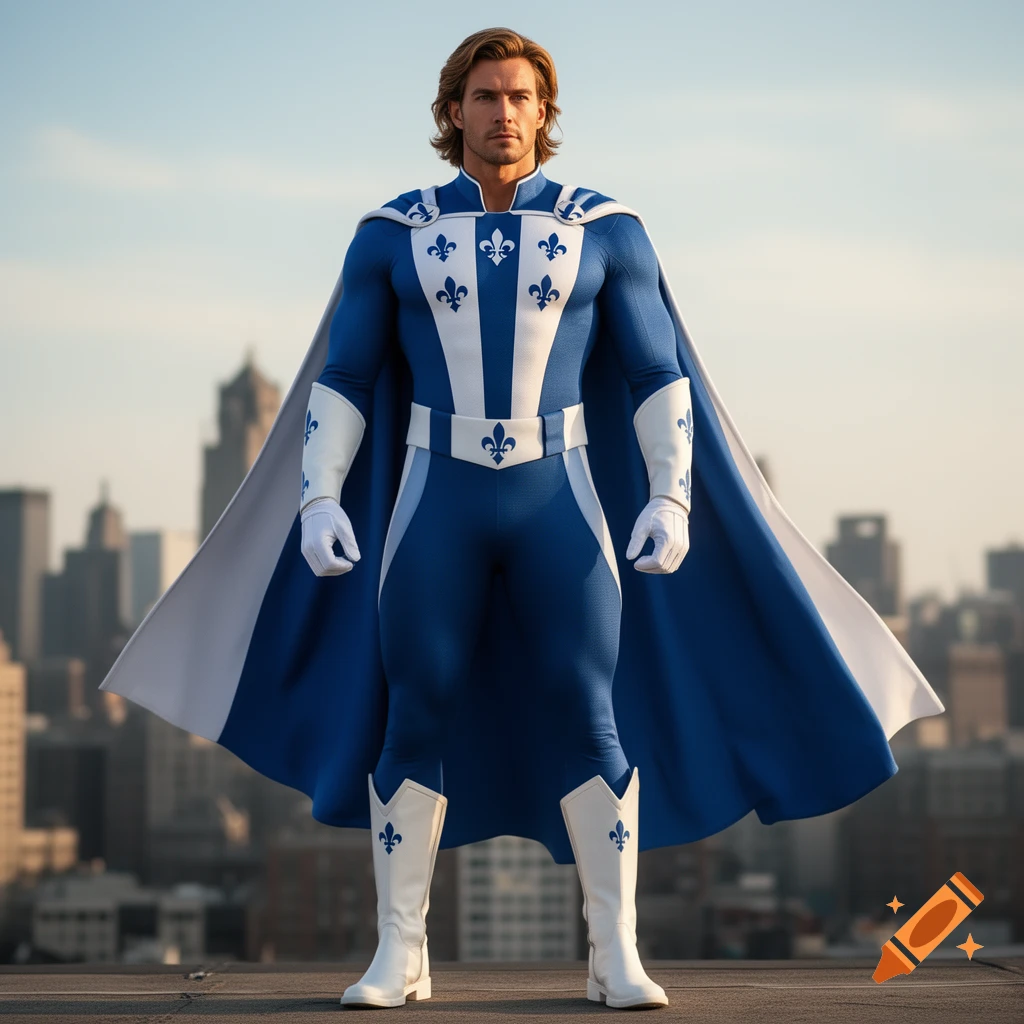 A male superhero in a blue and white Quebec-inspired uniform with fleur-de-lis symbols, a cape, white boots, and gloves stands on a rooftop.