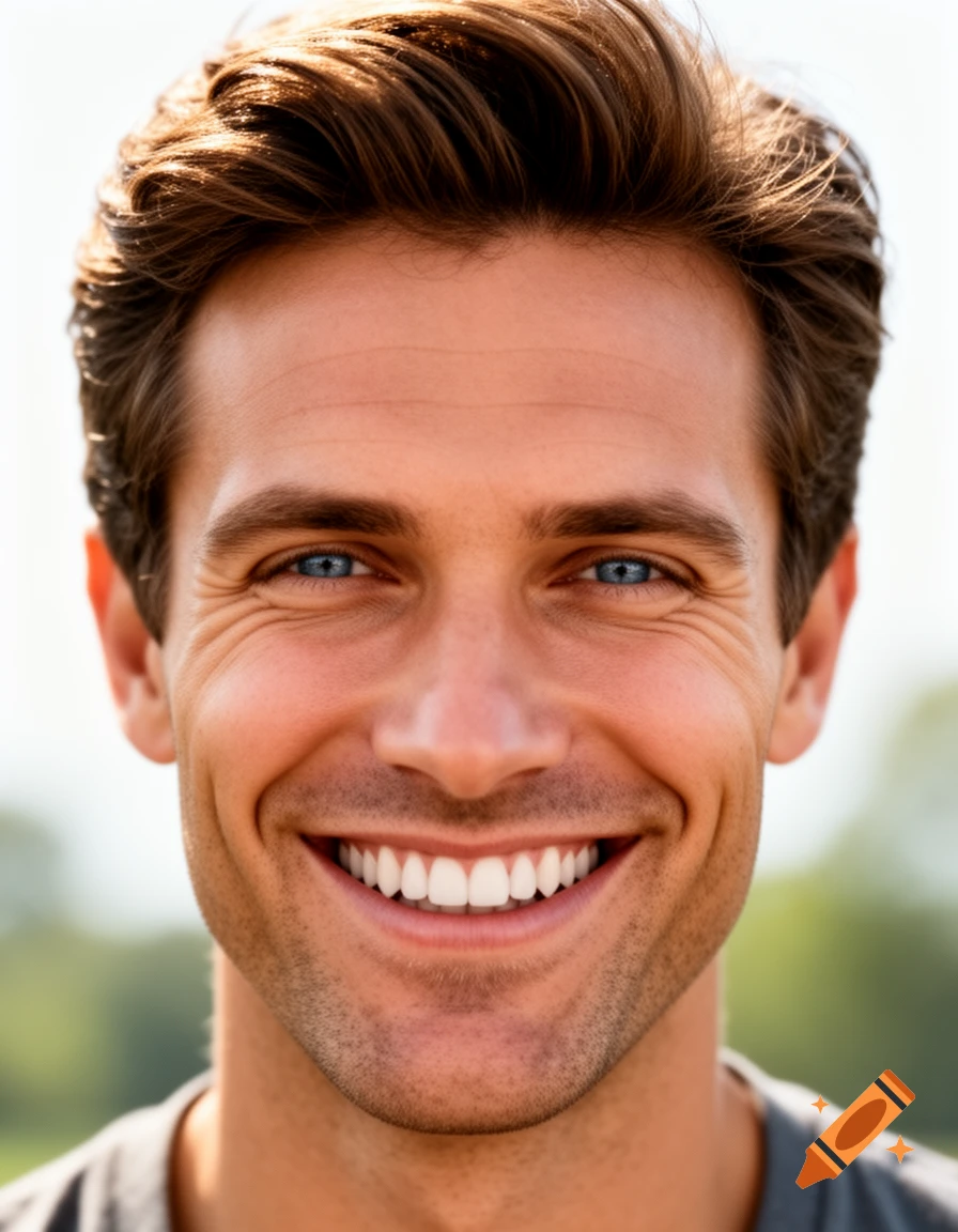 Close-up of a smiling white man with brown hair and blue eyes, showing his upper teeth, against a blurred outdoor background.