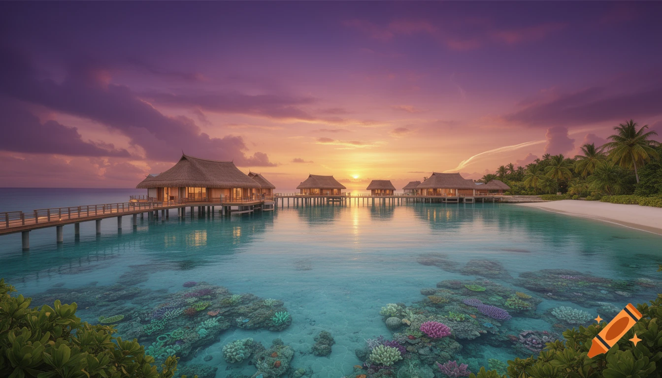 Photorealistic image of overwater bungalows on a turquoise lagoon with visible coral reefs under a vibrant sunset sky.