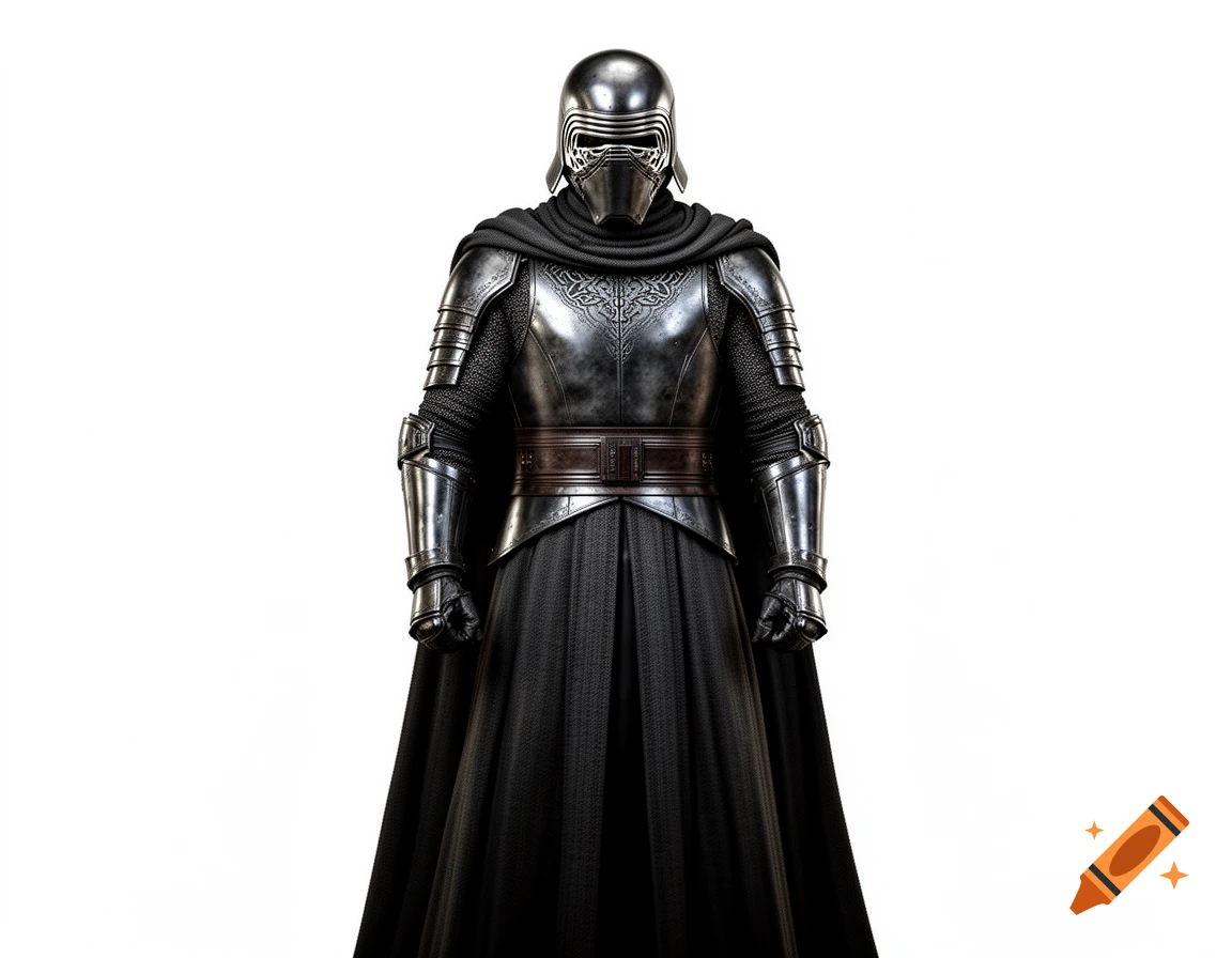 An armored figure resembling Kylo Ren, wearing dark medieval-style armor and a cape, stands against a white background.