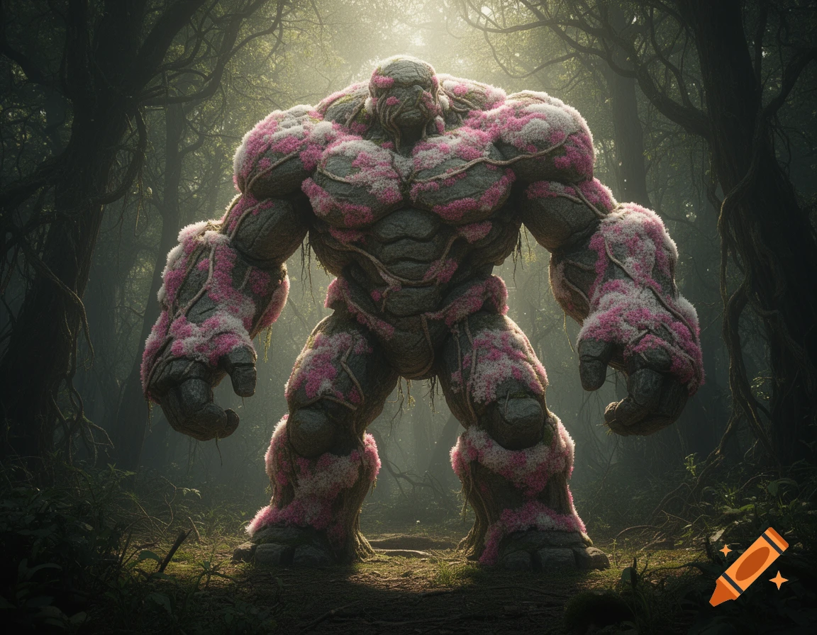 A muscular earth and stone golem covered in pink and white moss stands in a misty, overgrown forest.
