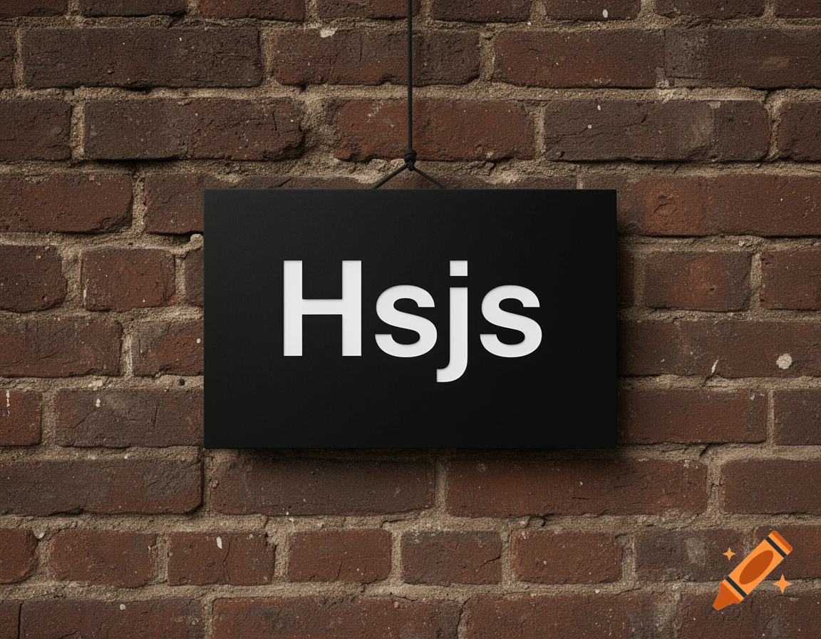 A black sign with white text "Hsjs" hangs against a red brick wall.