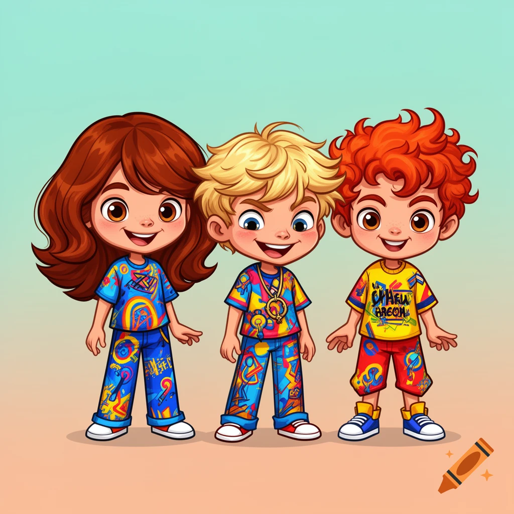 Three cartoon children, a brown-haired girl, a blonde boy, and a red-haired boy, smiling in brightly patterned clothes.