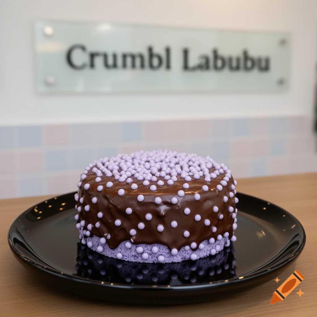 A chocolate-frosted ube cake with purple sprinkles on a black plate, with a 'Crumbl Labubu' sign in the background.