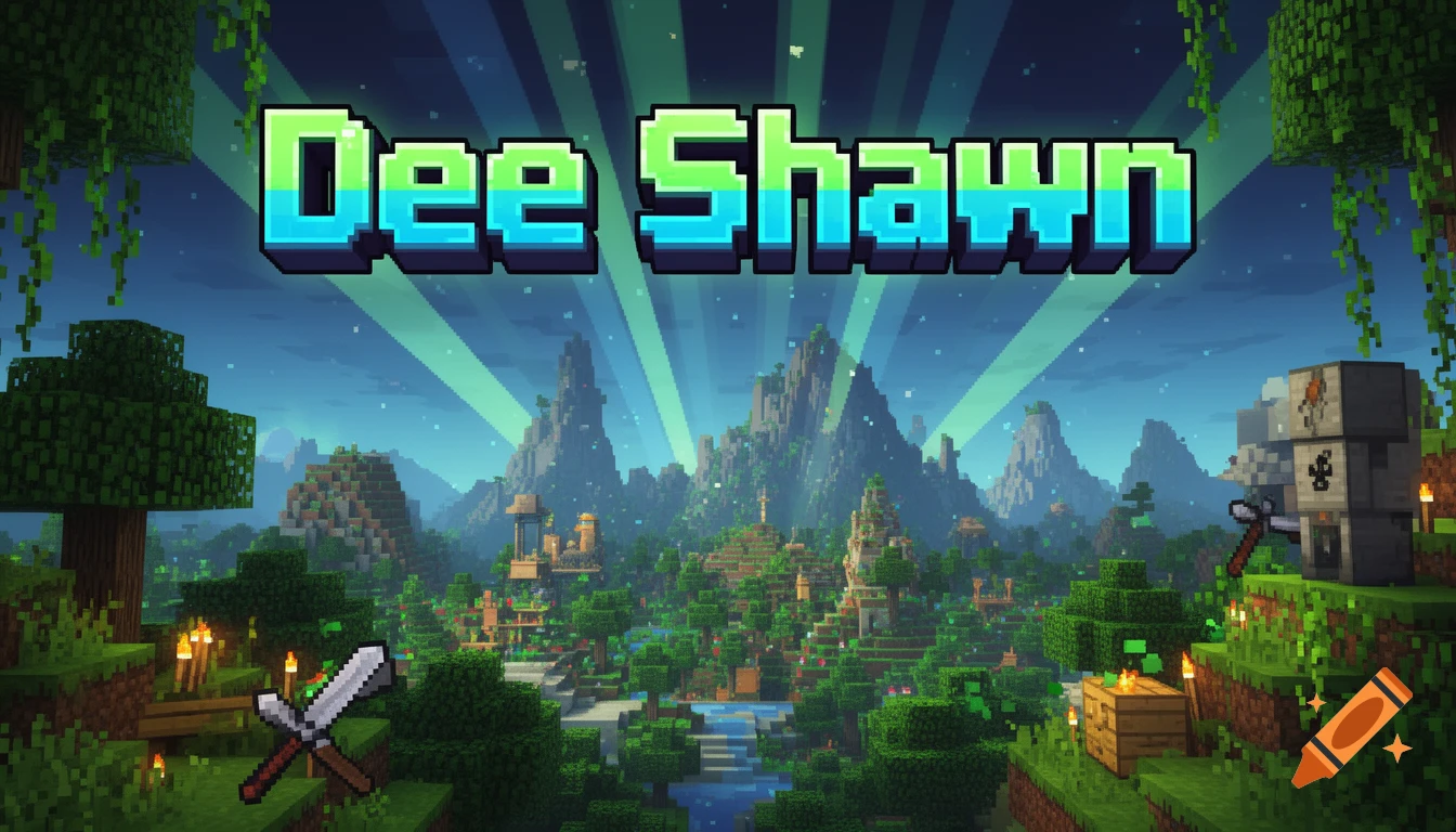 A vibrant pixelated Minecraft-style landscape at dusk, featuring mountains, forests, blocky structures, and the text 'Dee Shawn' at the top, with tools at the bottom.