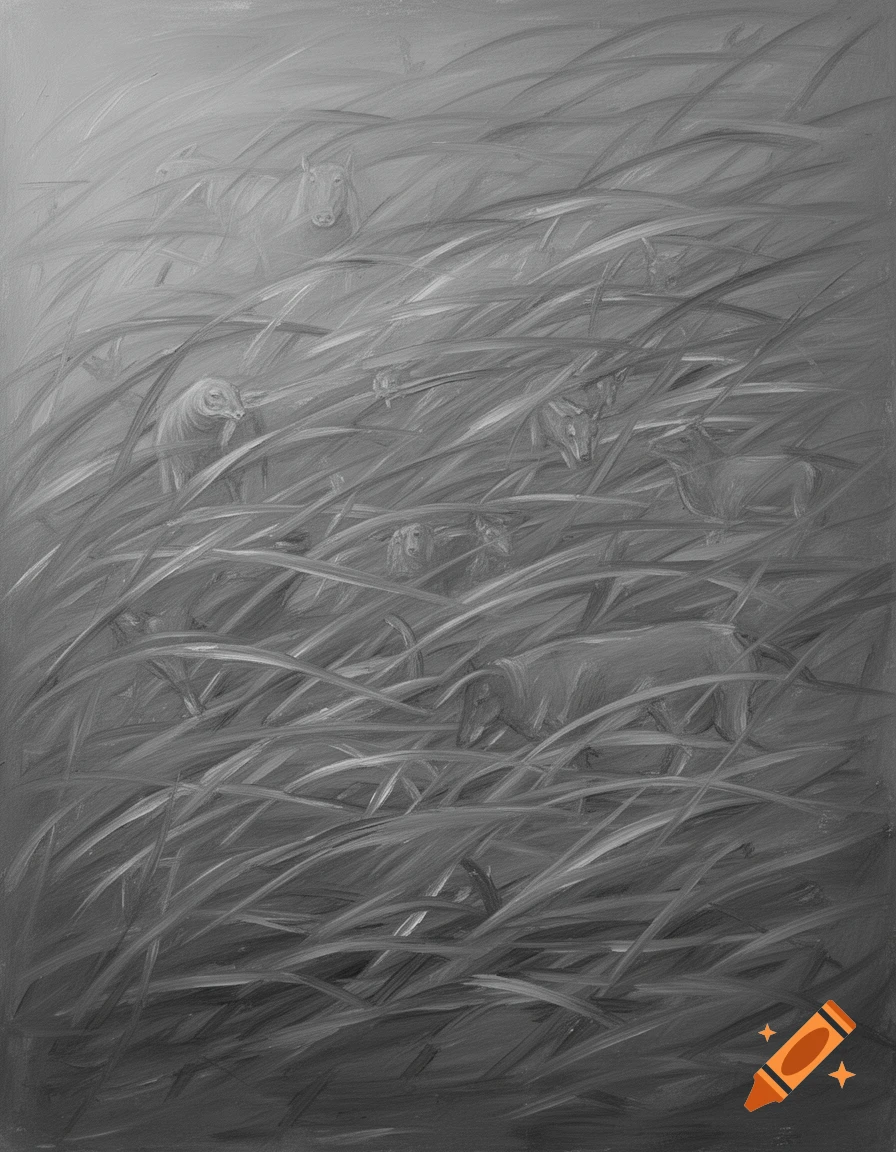 Abstract grey painting with linear strokes depicting various animals partially hidden in tall grass.