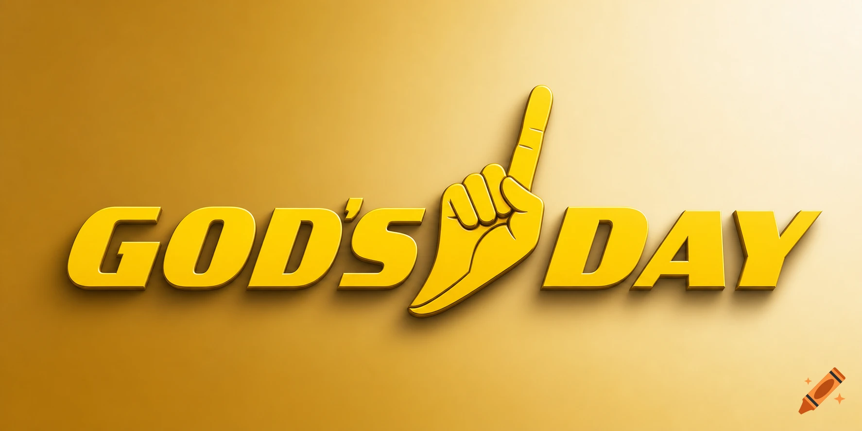 A gold 3D rendering of the text "GOD'S DAY" on a gradient background, with a yellow upraised index finger replacing the apostrophe.