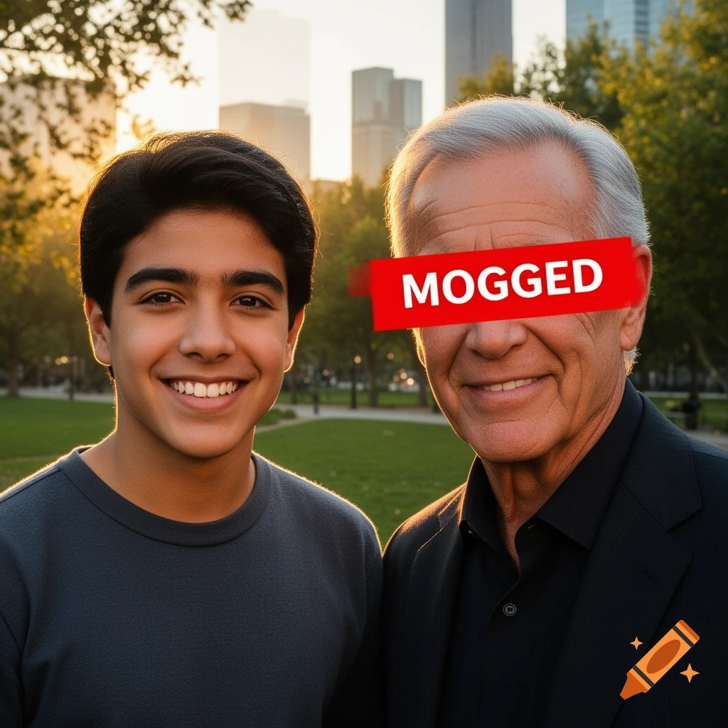 A young man smiles next to an older man with a red bar across his eyes displaying 'MOGGED' in a sunny park.