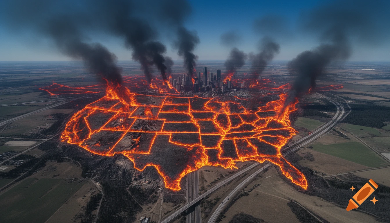 An aerial view of the USA map ablaze with fire outlining the states, a burning cityscape in the center, and dark smoke rising.