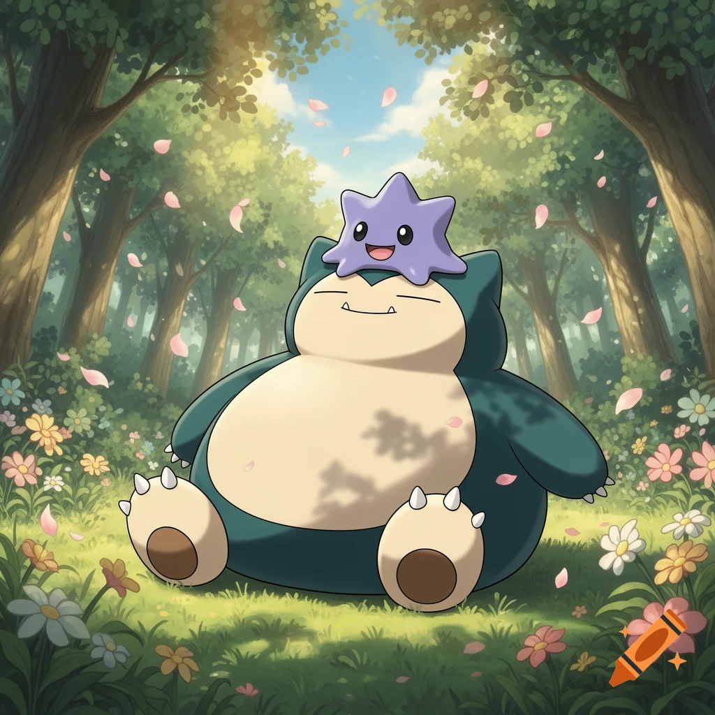 A cute anime Snorlax rests in a flower-filled forest meadow with a smiling purple star-shaped creature on its head.