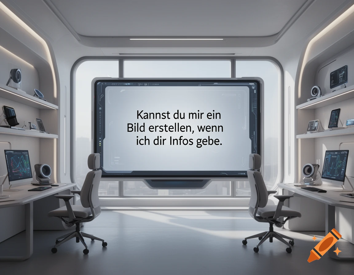 A futuristic minimalist office with two desks, ergonomic chairs, and shelves displaying gadgets, facing a large screen with German text.