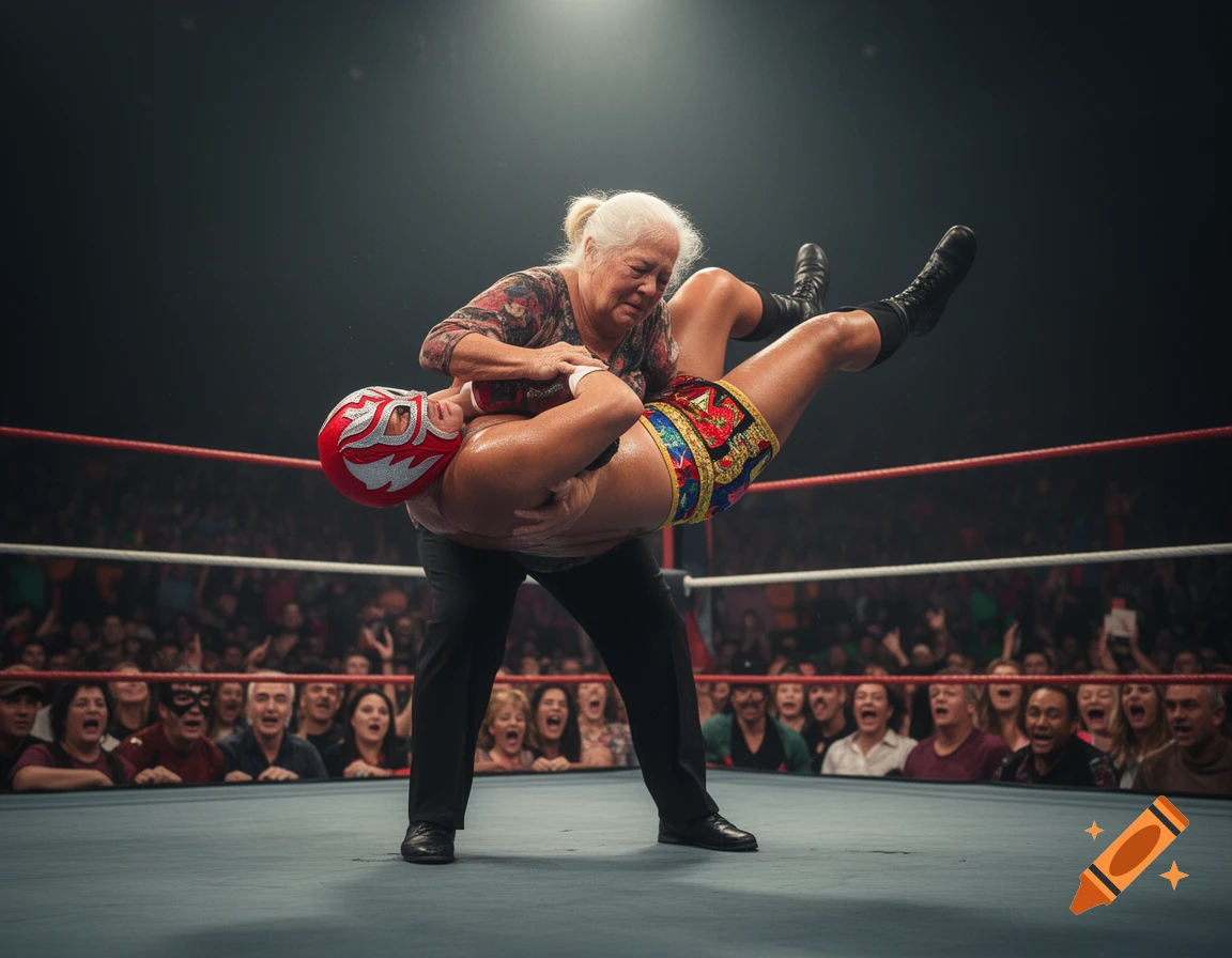 A photorealistic image of an older woman performing a German suplex on a masked Mexican wrestler in a ring, cheered by a crowd.
