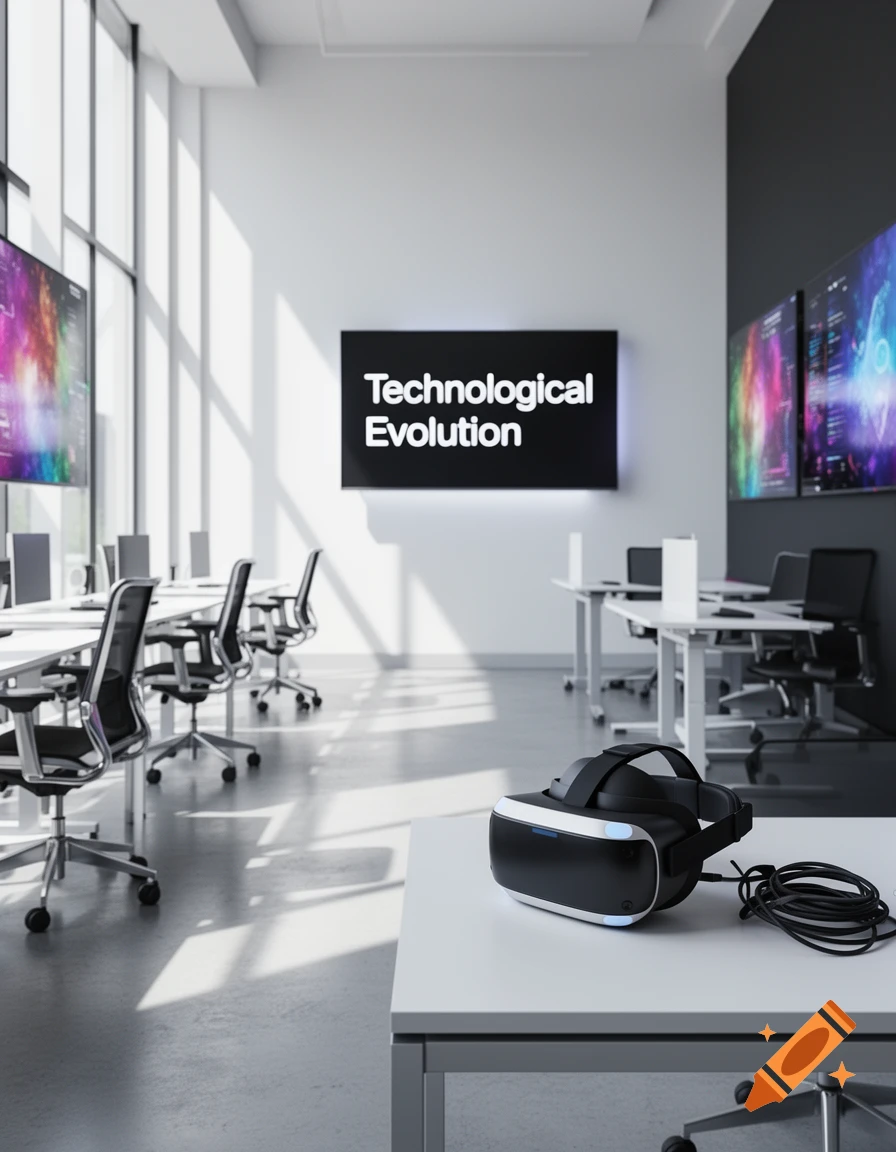 A modern office space featuring a VR headset on a white desk in the foreground. A large screen on the wall displays "Technological Evolution", flanked by other screens with colorful digital graphics. Sunlight streams through tall windows.