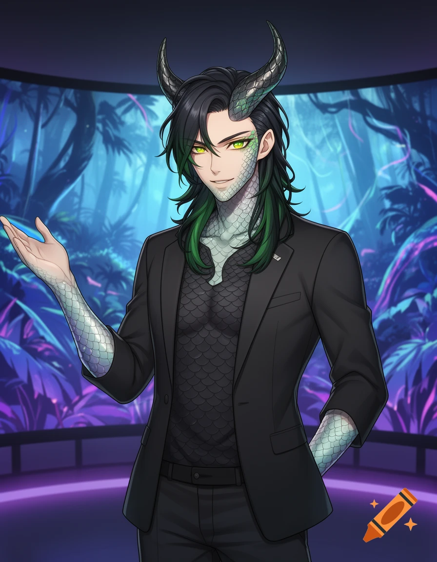 Anime-style male character with black hair, green highlights, snake scales, and horns, wearing a suit in a jungle setting.