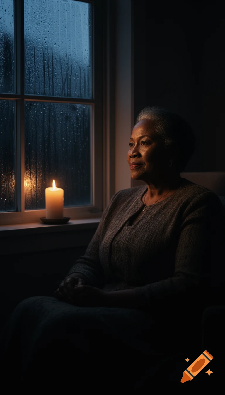 A realistic, cinematic photograph of an elegant mature African woman sitting in a dark room at night, looking out a rainy window with a candle.