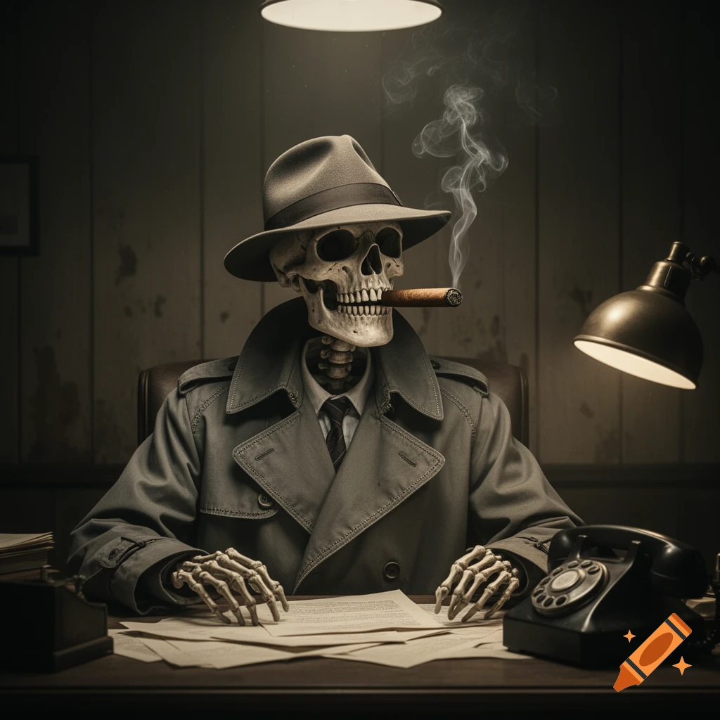 A skeleton detective in a trench coat and fedora sits at a desk, smoking a cigar, with papers and a rotary phone in a moody, noir-style scene.