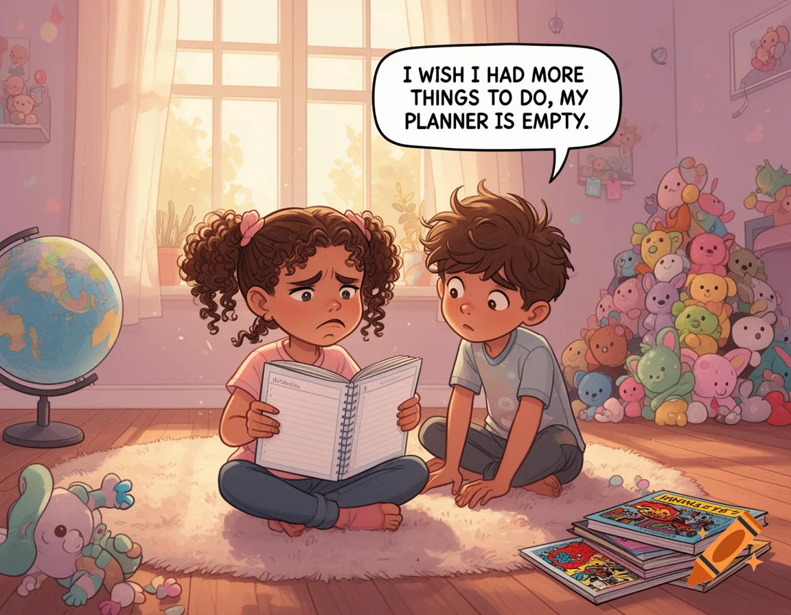 A sad cartoon girl with an empty planner complains to a boy in a sunny room with a globe and stuffed animals.
