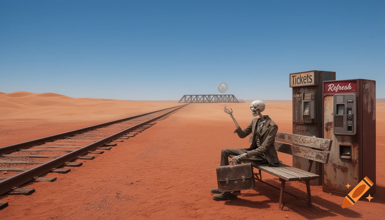 A skeleton in a suit sits on a bench in a vast red desert with a railway, playing with a coin. Vending machines stand nearby.