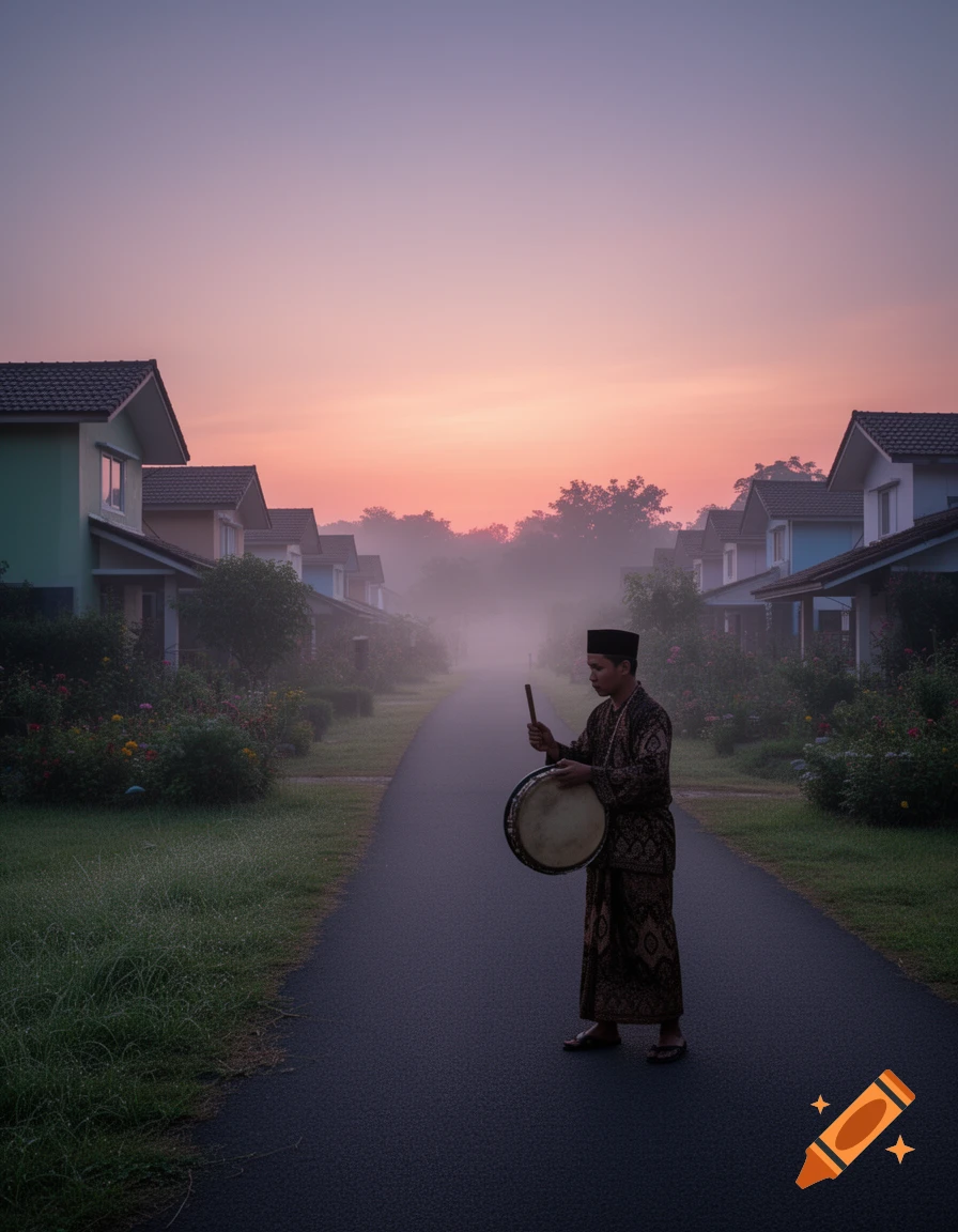 A person in traditional attire stands on a foggy residential street, holding a drum and stick at sunrise.