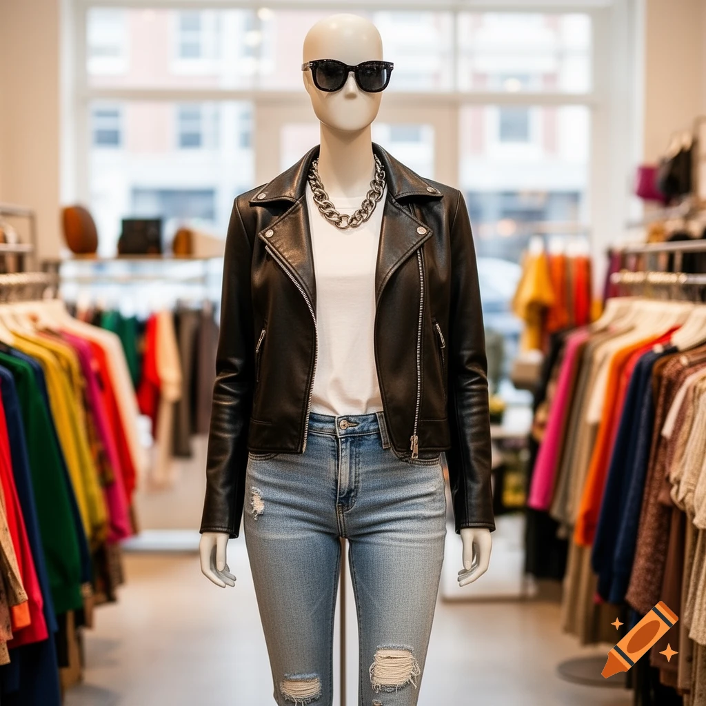 A photorealistic image of a mannequin wearing a black leather jacket, white t-shirt, ripped jeans, and sunglasses, standing in a brightly lit clothing store.