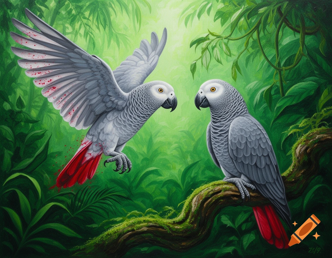 Acrylic painting of two grey parrots in a vibrant green jungle. One flies with red splatters on its wings and tail, facing a parrot perched on a mossy branch.