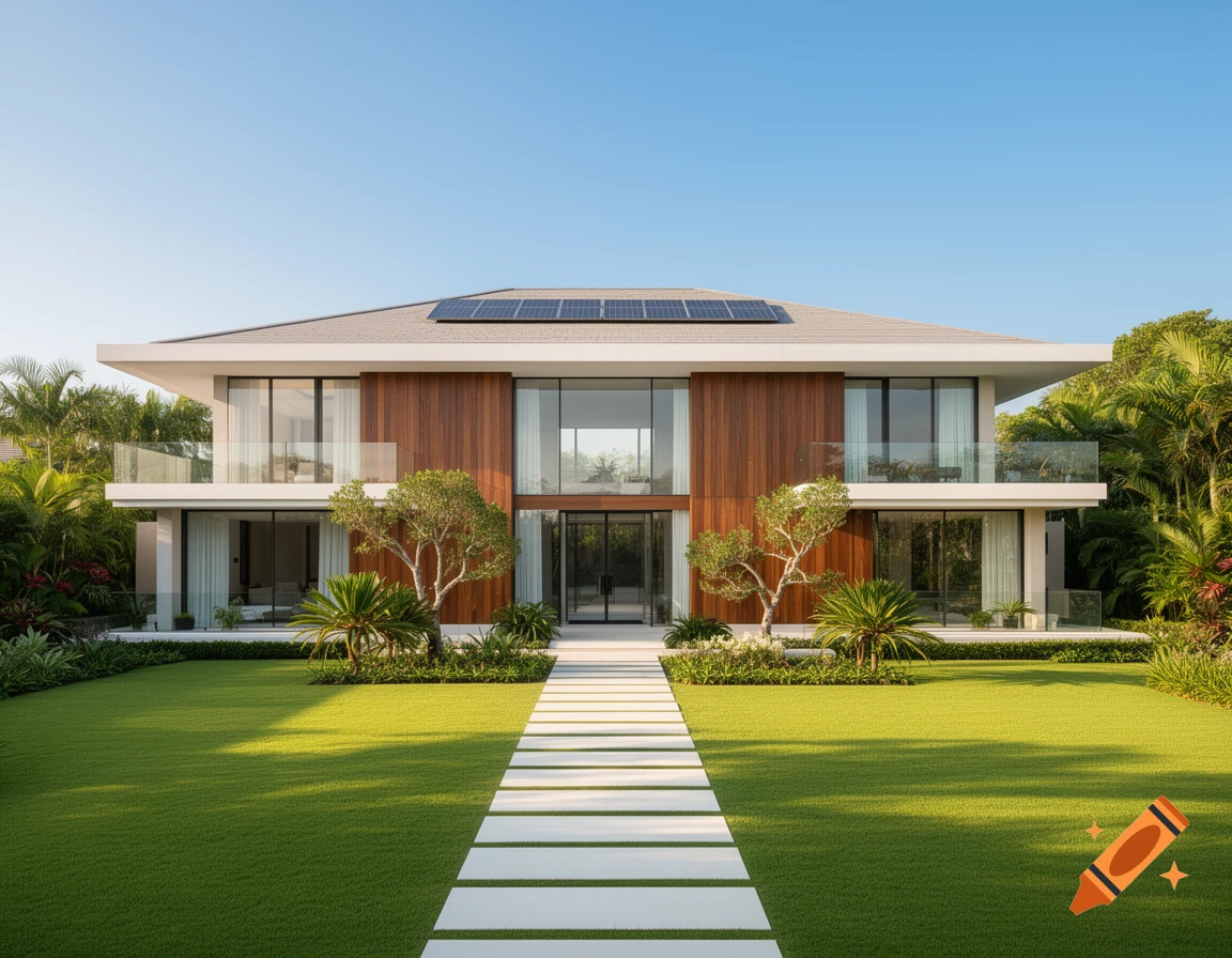 A modern luxury house with a flat roof, solar panels, large windows, wood paneling, and a white pathway through a manicured green lawn.