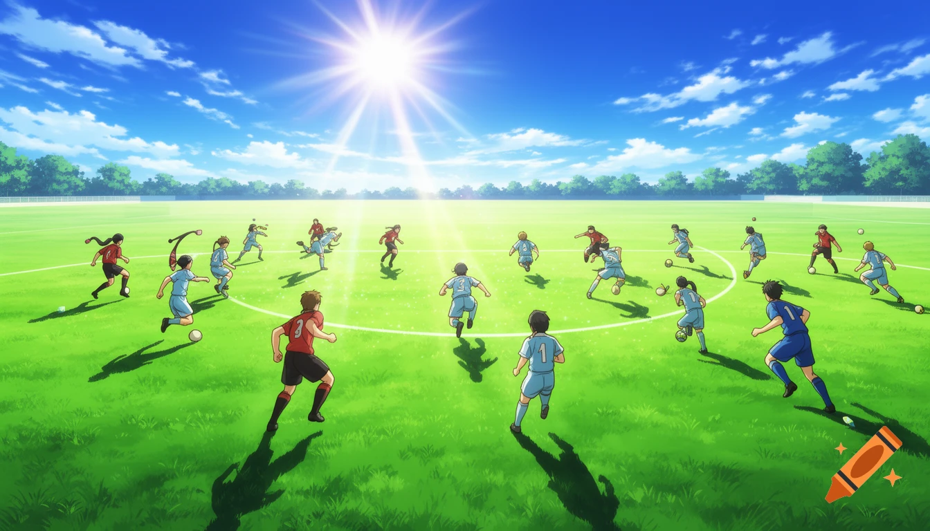 Anime-style soccer players spread out across a vibrant green field under a bright sun, ready to play.