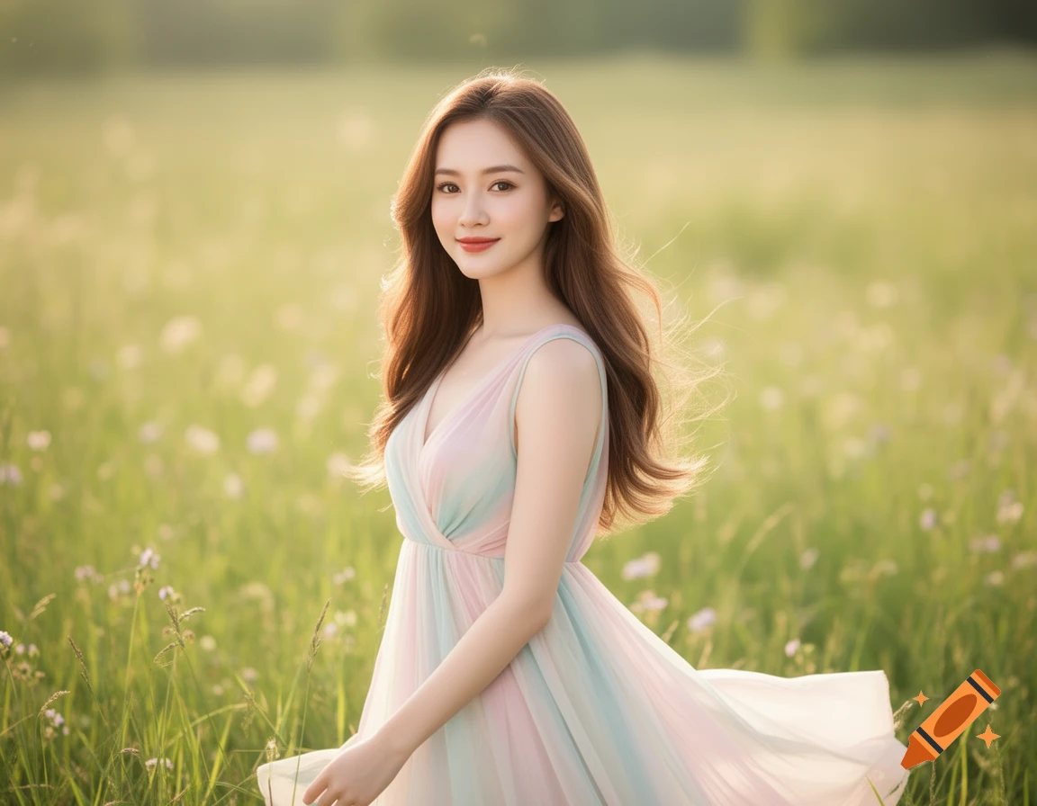 A young woman with long brown hair smiles, wearing a flowing pastel dress in a sunny green field with small flowers.