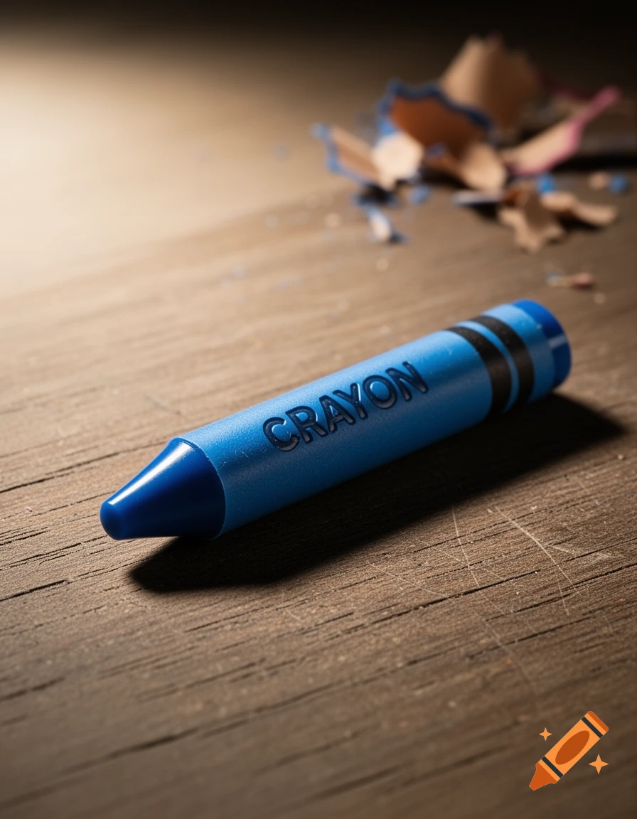 A blue crayon with 'CRAYON' embossed on its side, lying on a wooden table, next to scattered pencil shavings in a close-up.