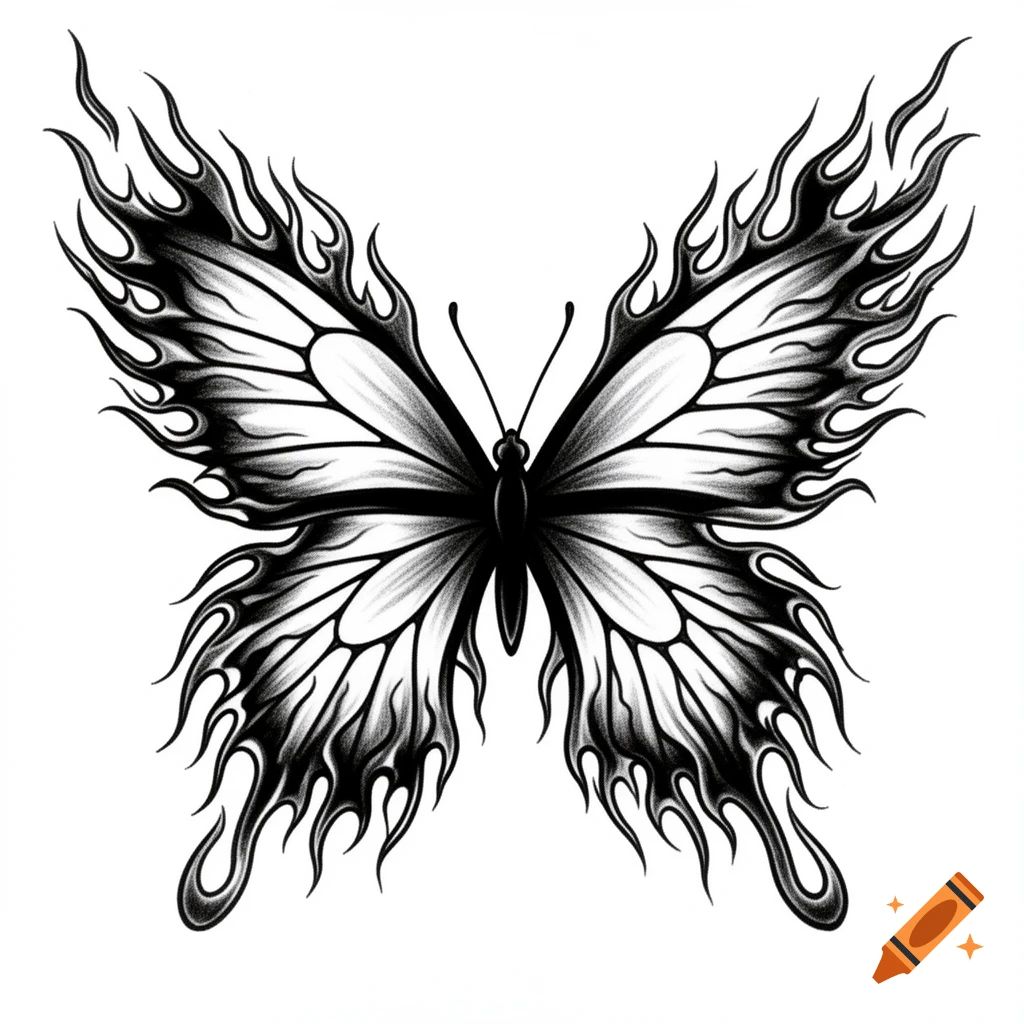 A black and white stylized butterfly with flame-like wings, designed like a tattoo.