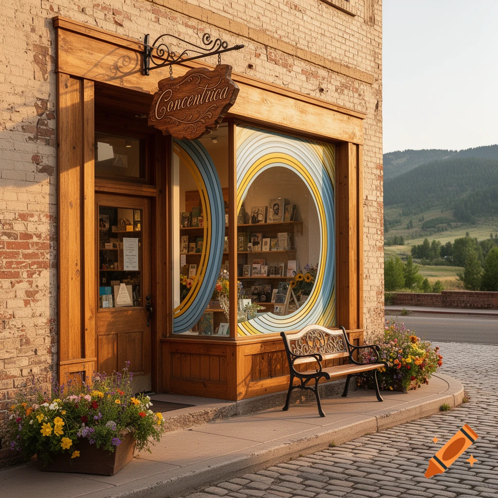 Photorealistic image of a charming storefront with a 'Concentrica' sign, a bench, flowers, and a rural background.