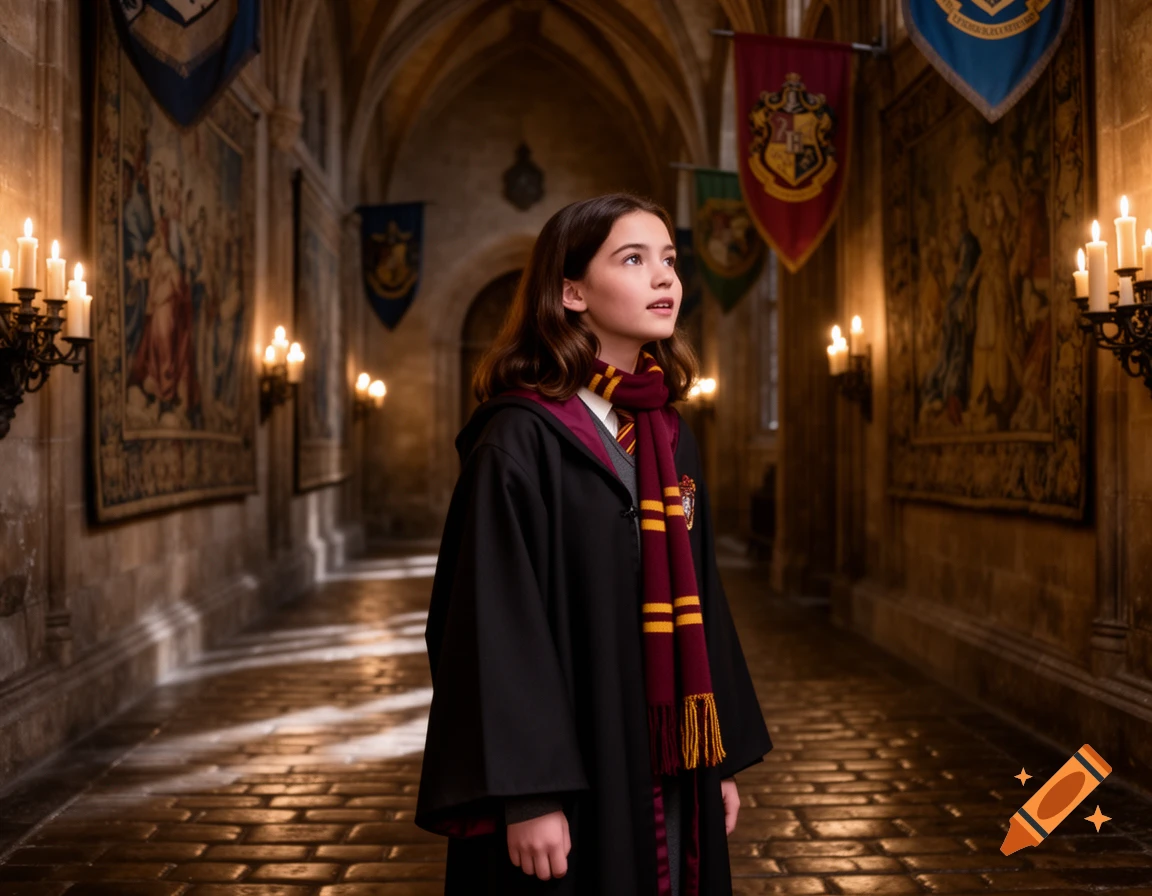 A young girl in a Hogwarts-style robe and scarf stands in a grand, candlelit stone hallway with tapestries and banners.