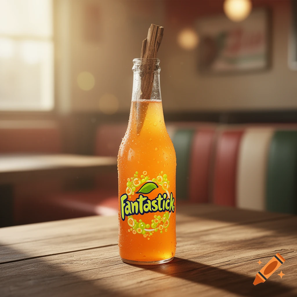 A photorealistic image of a cold, dewy bottle of orange soda with a "Fantastick" label, served with cinnamon sticks in a diner.