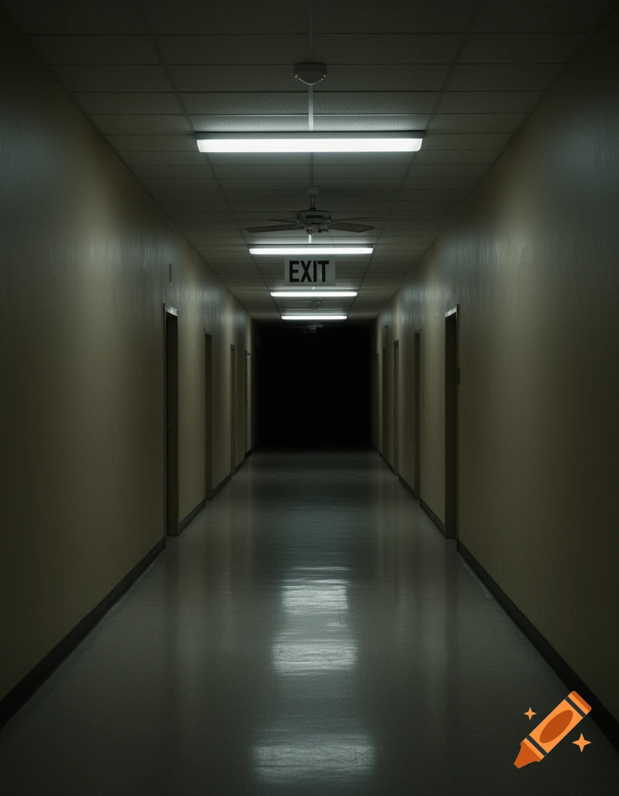 A long, dimly lit hallway with fluorescent lights, a ceiling fan, and an "EXIT" sign, receding into darkness.
