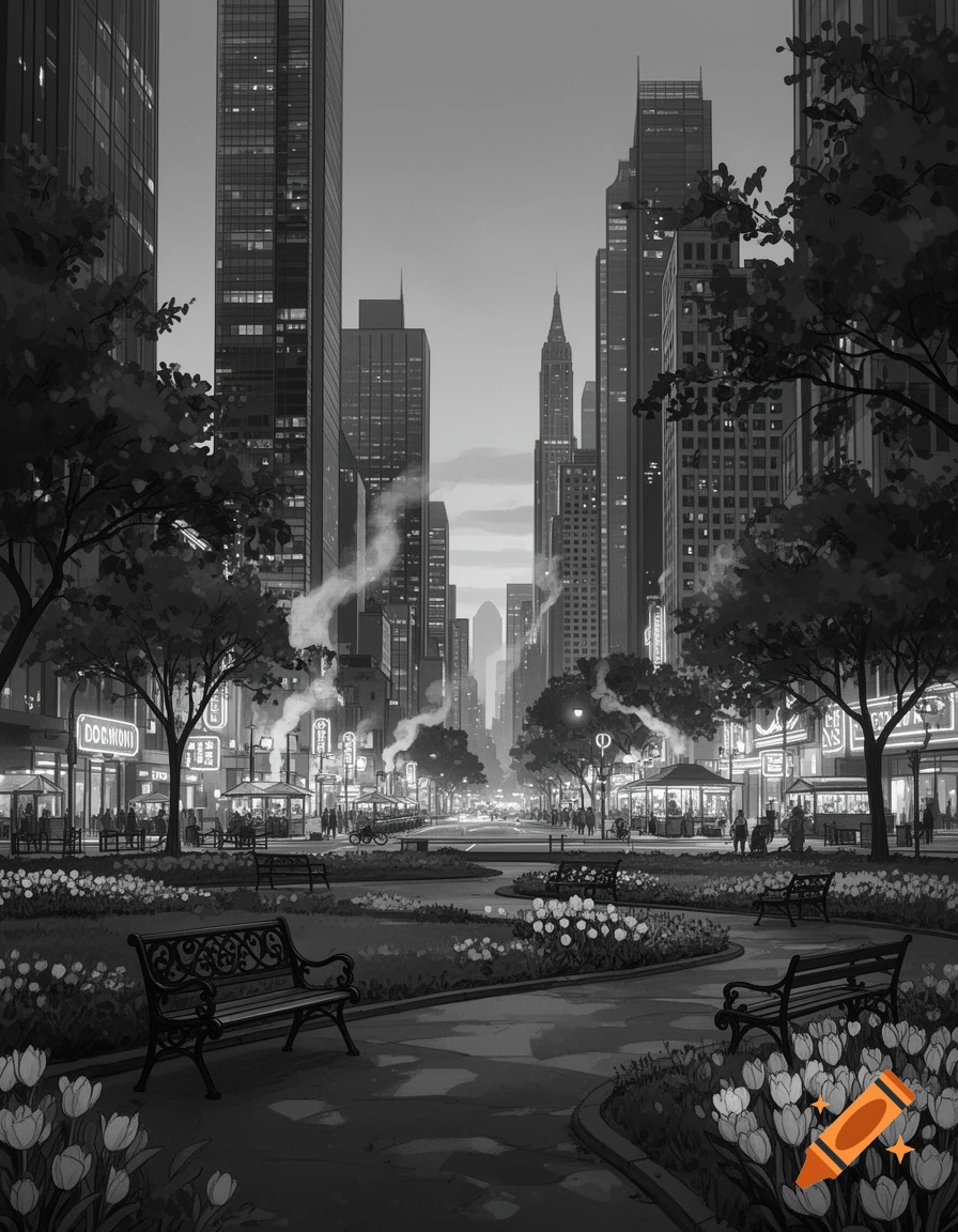 Black and white stylized illustration of a bustling city street with tall buildings, a park with benches and flowers, and glowing shop signs.