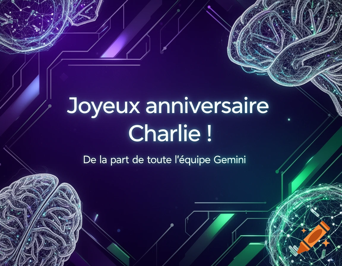 Futuristic birthday card with glowing neural network brains and circuit lines on a purple background. Text: Joyeux anniversaire Charlie !