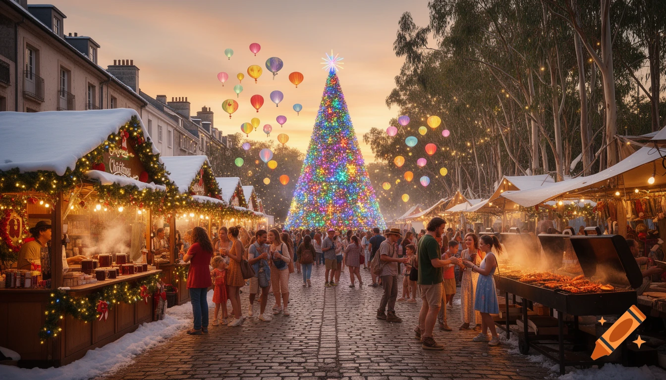 A bustling Christmas market at dusk, featuring a giant illuminated Christmas tree, numerous stalls, people, and colorful hot air balloons floating overhead.