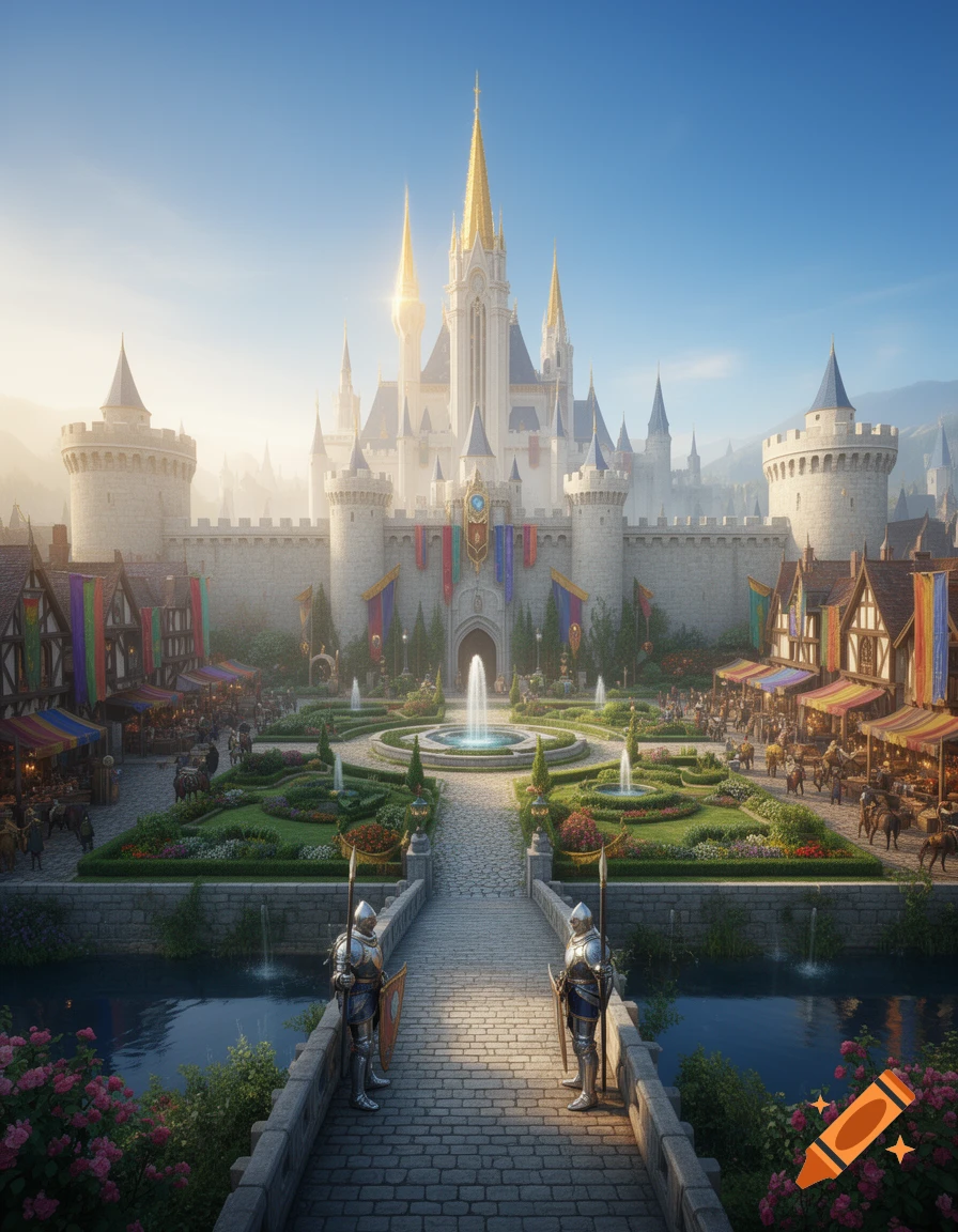 A majestic fantasy castle with golden spires, flanked by gardens, fountains, a bustling marketplace, and armored guards on a bridge under a clear sky.