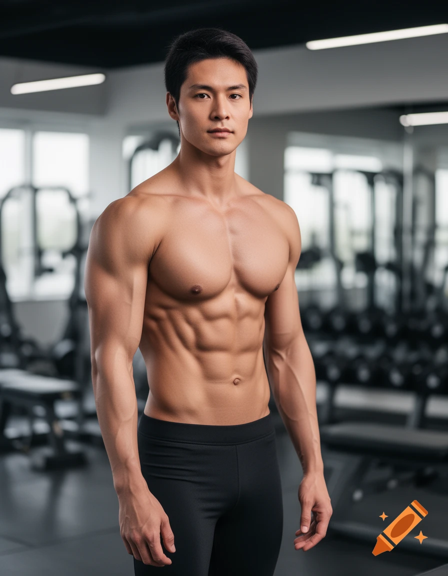 A muscular East Asian man with a toned physique stands shirtless in a gym, wearing black athletic pants.