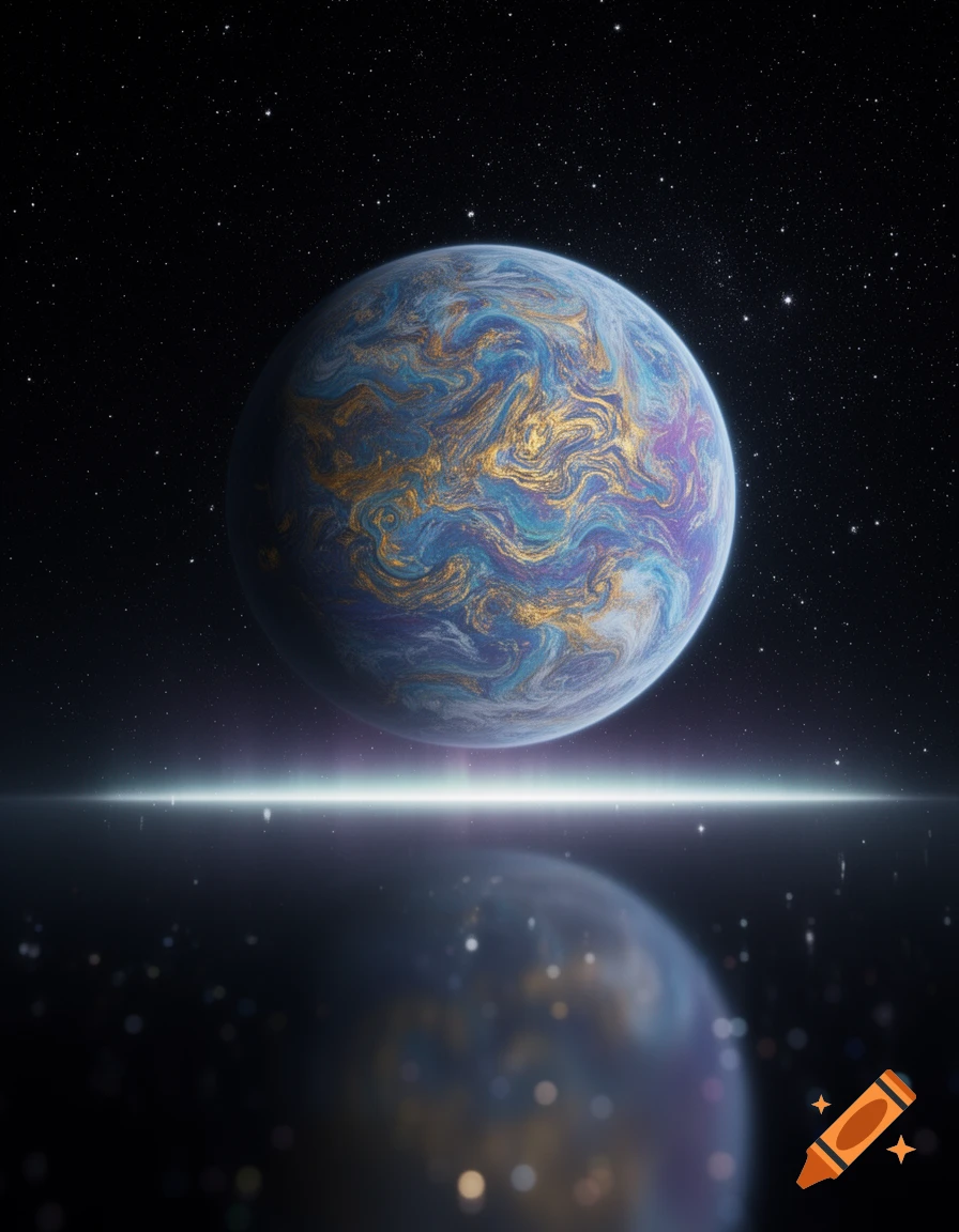 A surreal planet with blue, purple, and gold swirling patterns reflects on a luminous horizon line in deep space, against a backdrop of stars.