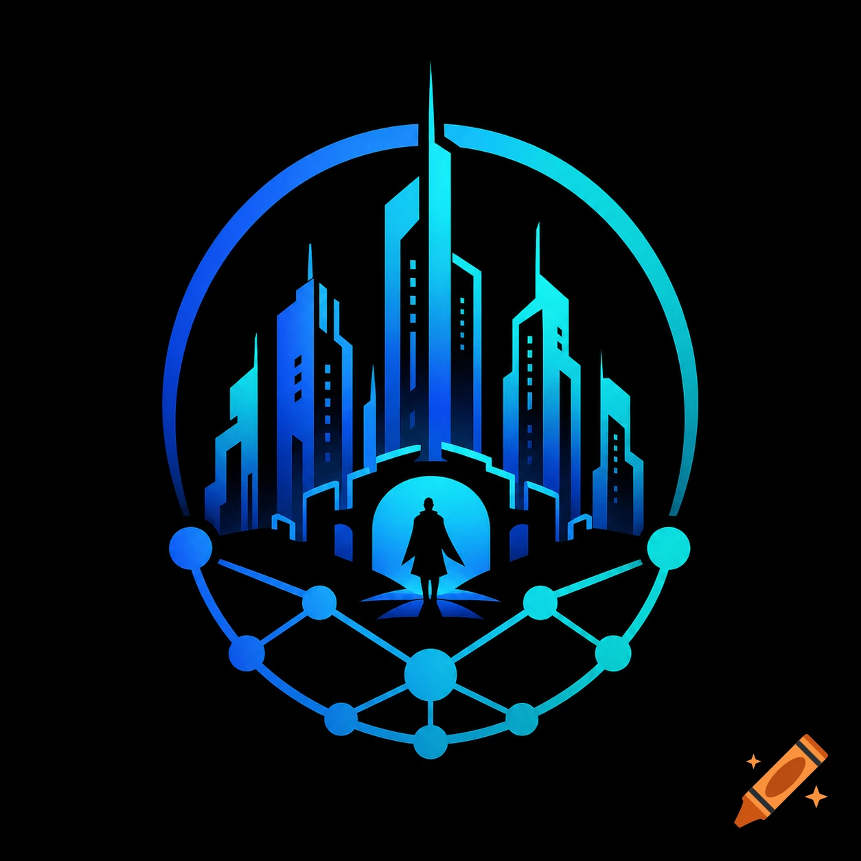 A futuristic blue gradient logo featuring a stylized cityscape, a person's silhouette in an archway, and a network of connected nodes.