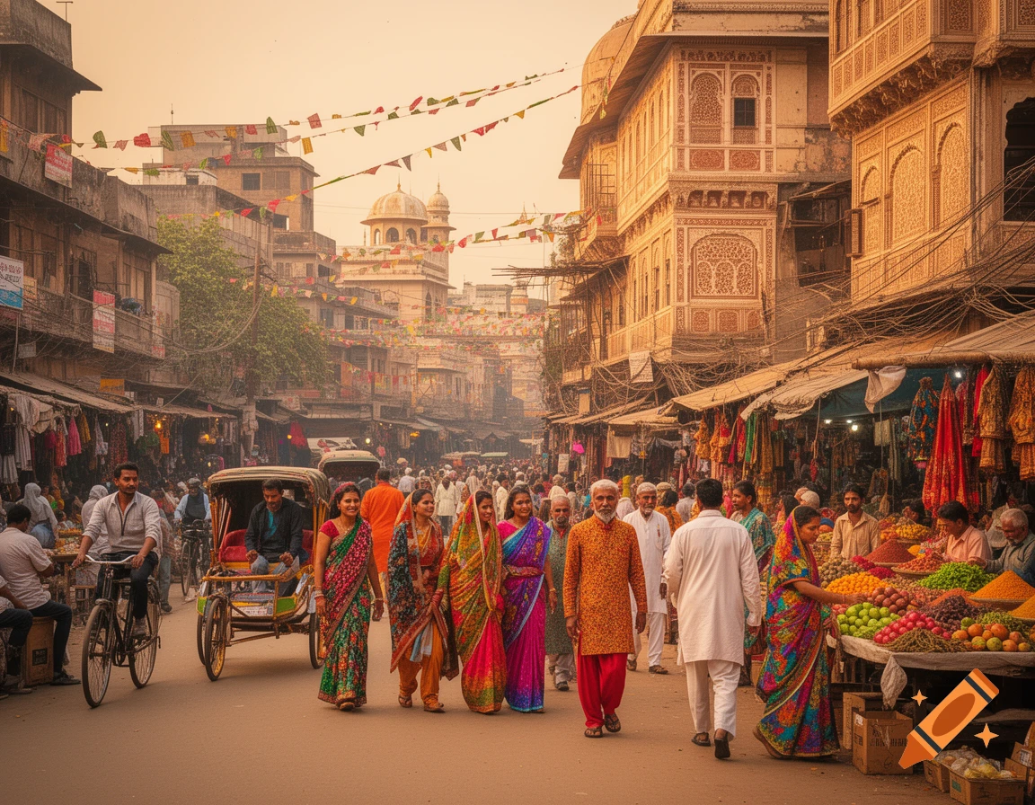 A bustling street scene in India with people in traditional attire, market stalls, and ornate architecture under a warm sky.