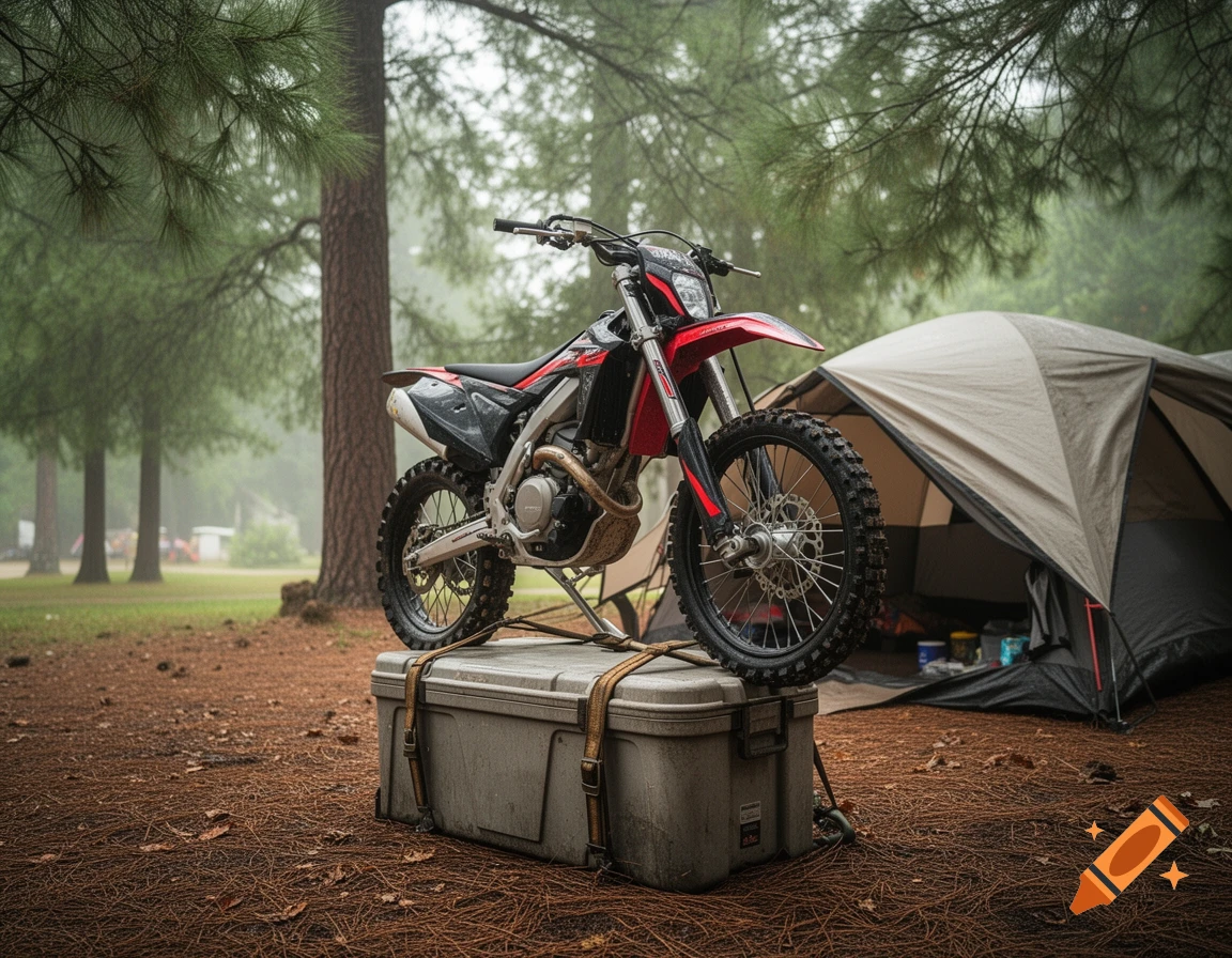 Red and black dirt bike on a grey cooler, strapped, next to a camping tent in a pine forest.