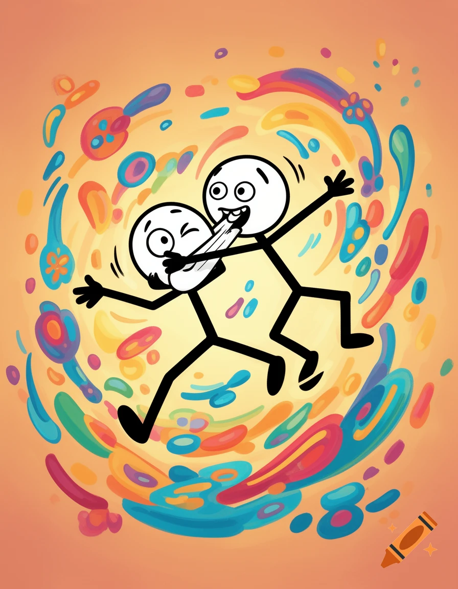 A cartoon stickman biting another's head, surrounded by colorful abstract swirls.
