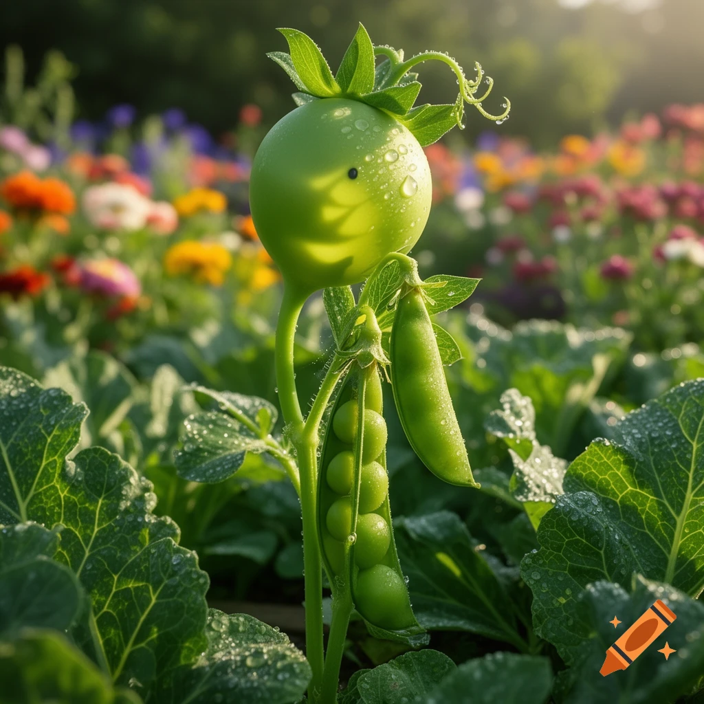 A stylized green pea plant with a smiling face and pea pods, covered in dewdrops in a sunny, colorful garden.