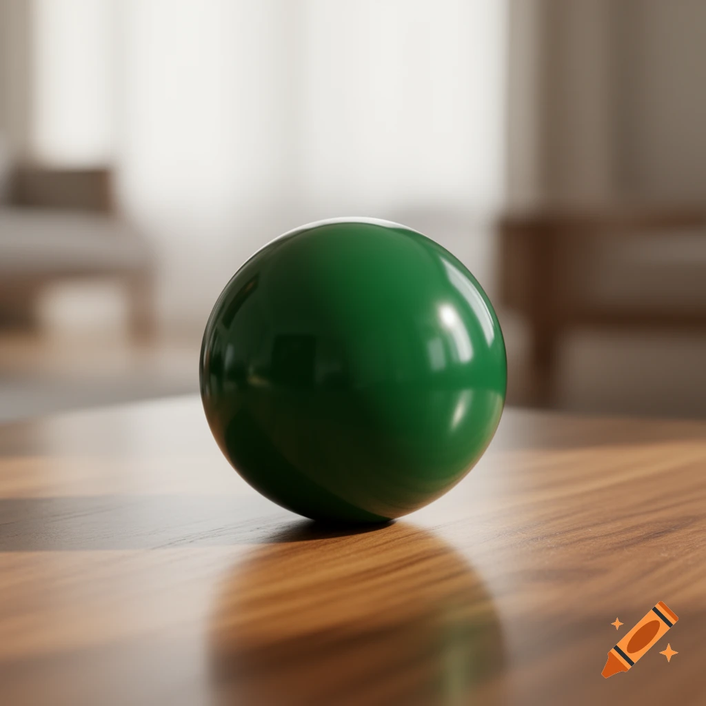 A photorealistic green glossy ball with reflections sits on a polished wooden table in a softly lit room.
