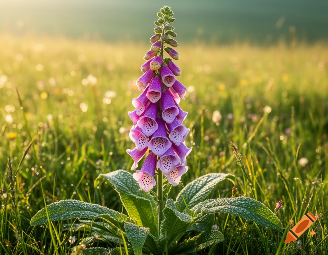 A vibrant purple foxglove flower with white speckled interiors stands prominently in a dew-kissed, sunny green field.